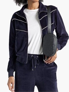 Nili Lotan Navy Velour Zip Jacket with White Piping